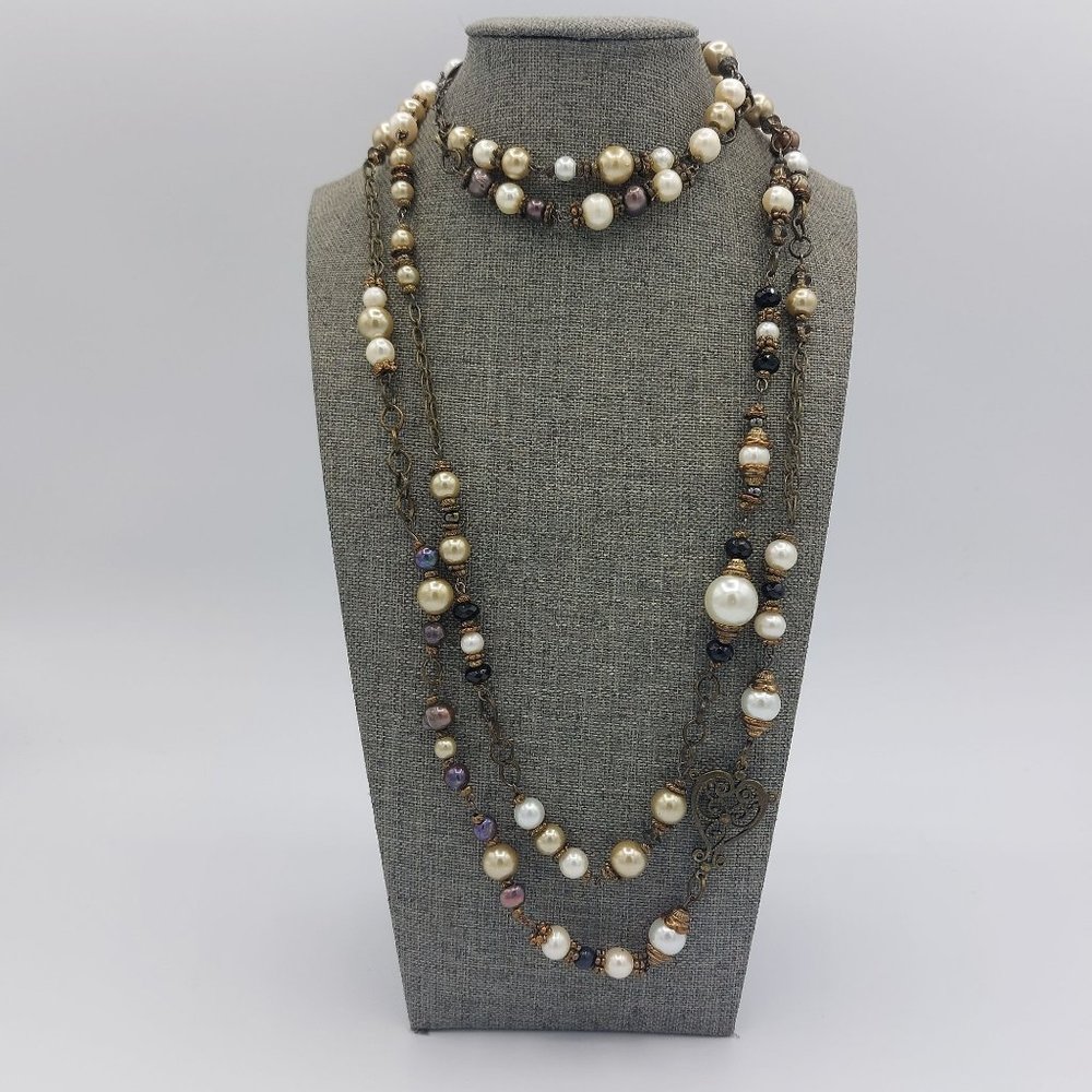 Vintage Maybe Antique Necklace Faux Pearl Box Clasp Heavy Chain Heart Filigree F